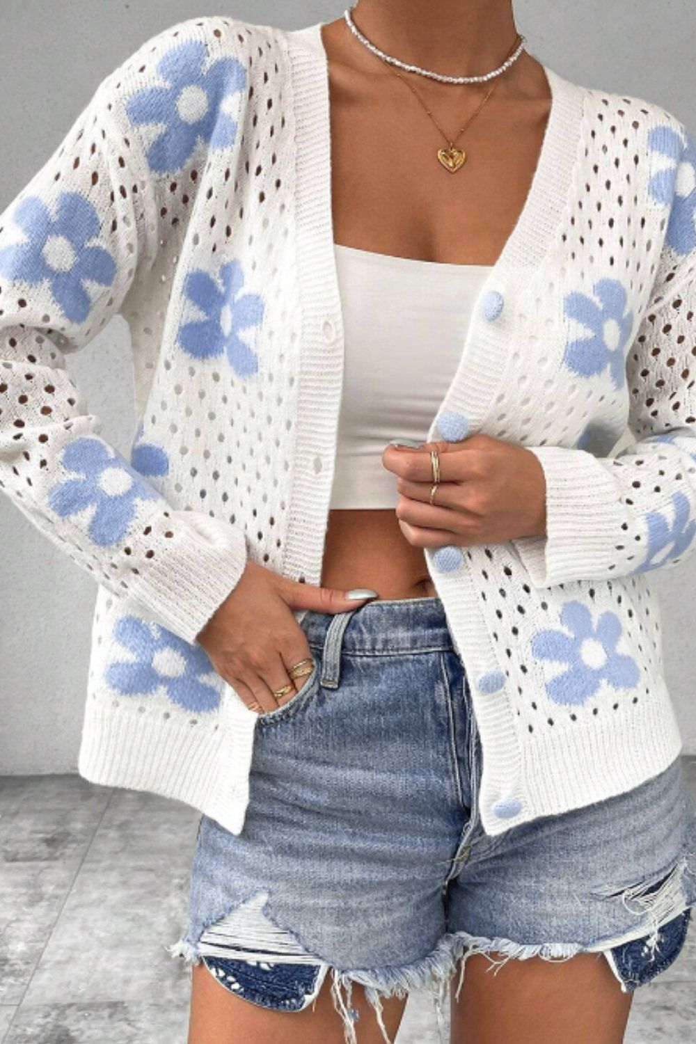 Flower Hollowed Out Button Down Long Sleeve Cardigan - Charming Charlie