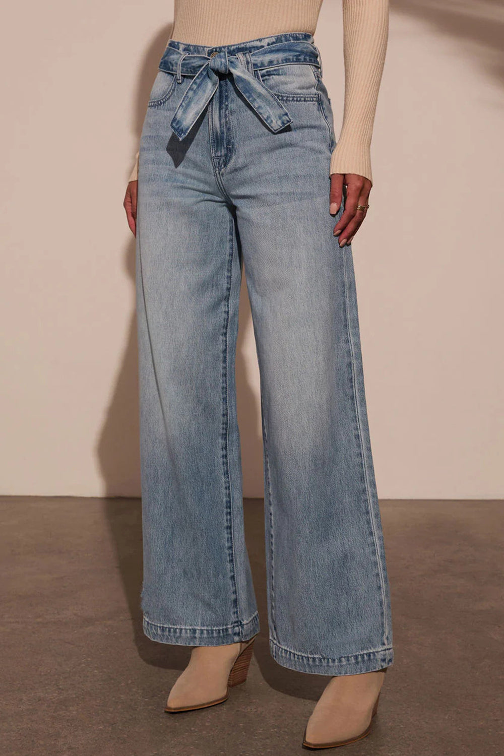 Tied Wide Leg Jeans with Pockets - Charming Charlie