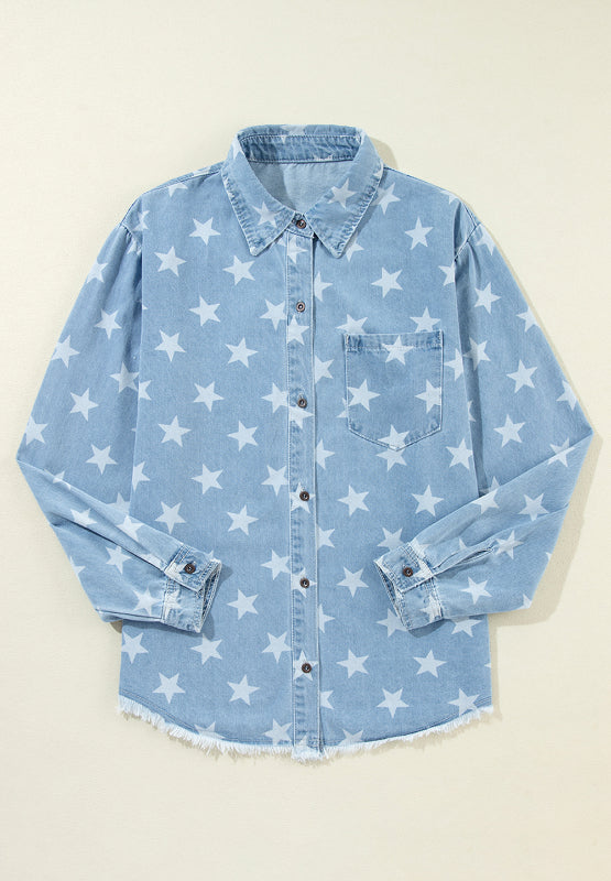 Raw Hem Star Collared Neck Denim Top - Charming Charlie