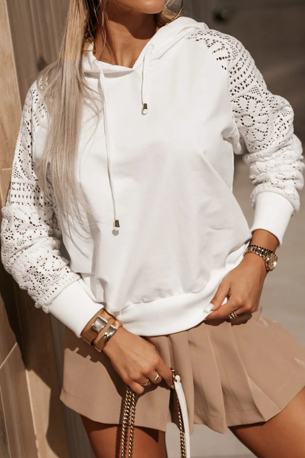 Drawstring Openwork Long Sleeve Hoodie - Charming Charlie