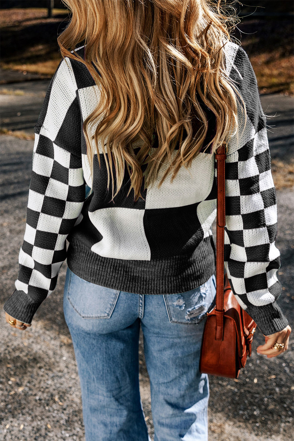 Checkered Round Neck Drop Shoulder Sweater - Charming Charlie