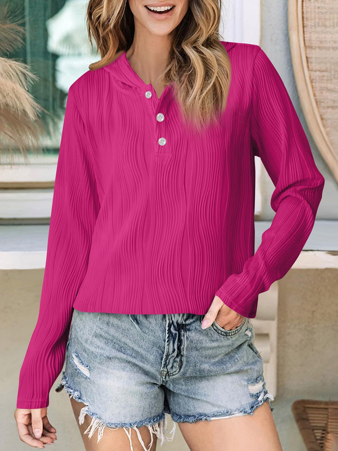 Textured Long Sleeve Hoodie - Charming Charlie