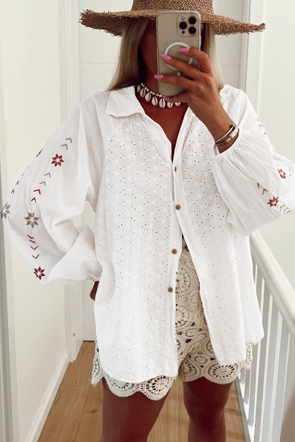 Embroidered Eyelet Collared Neck Long Sleeve Shirt - Charming Charlie
