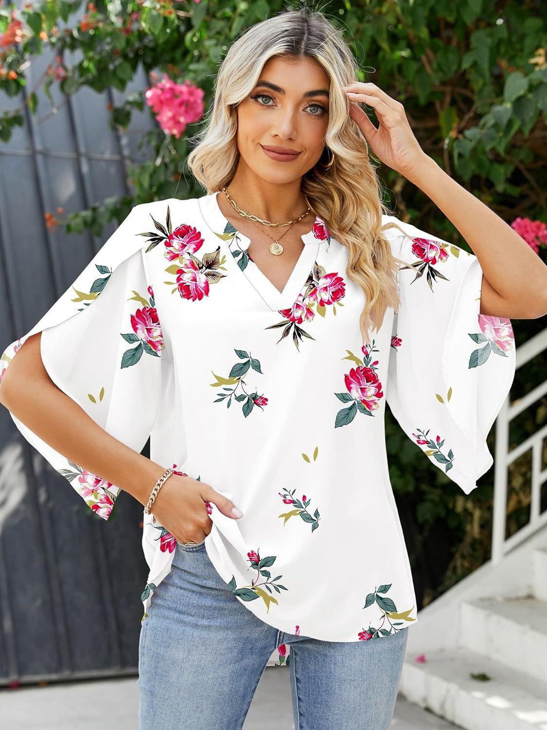 Printed Notched Half Sleeve Blouse - Charming Charlie