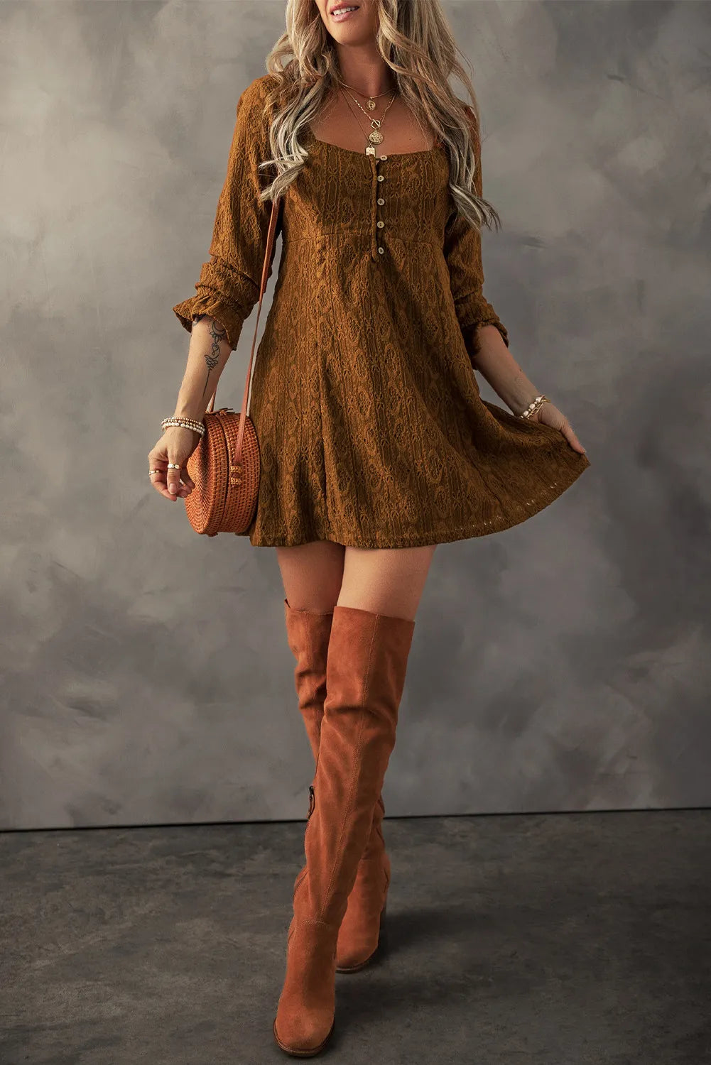 Textured Square Neck Mini Dress - Charming Charlie