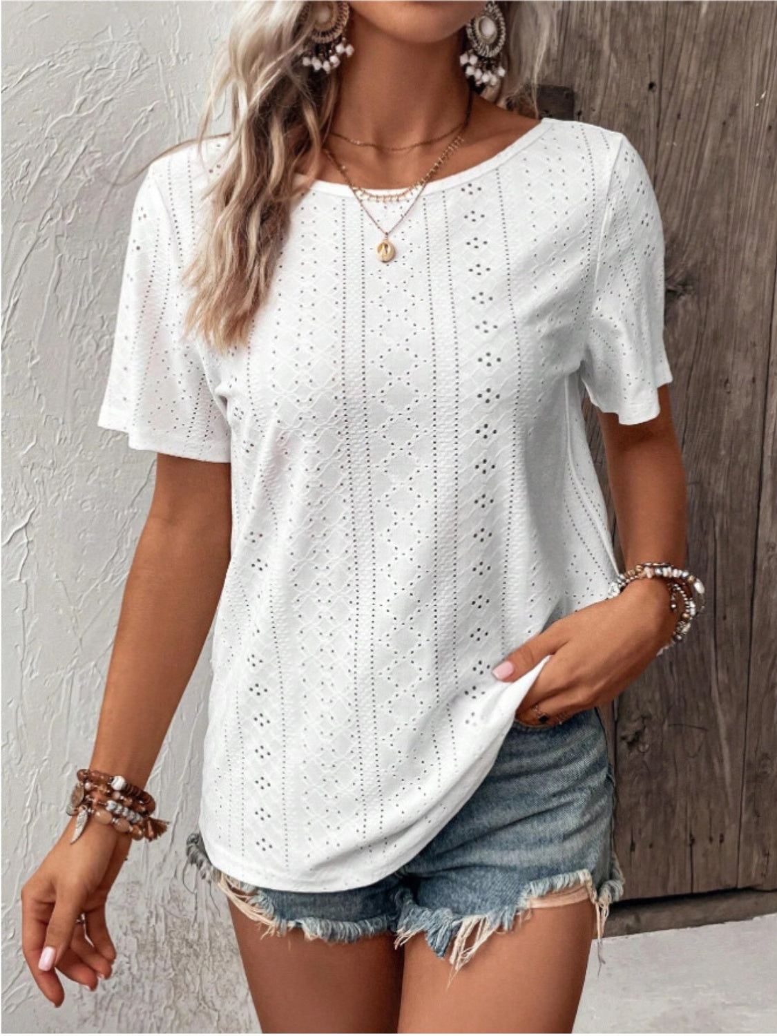 Lace Detail Eyelet Short Sleeve Blouse - Charming Charlie
