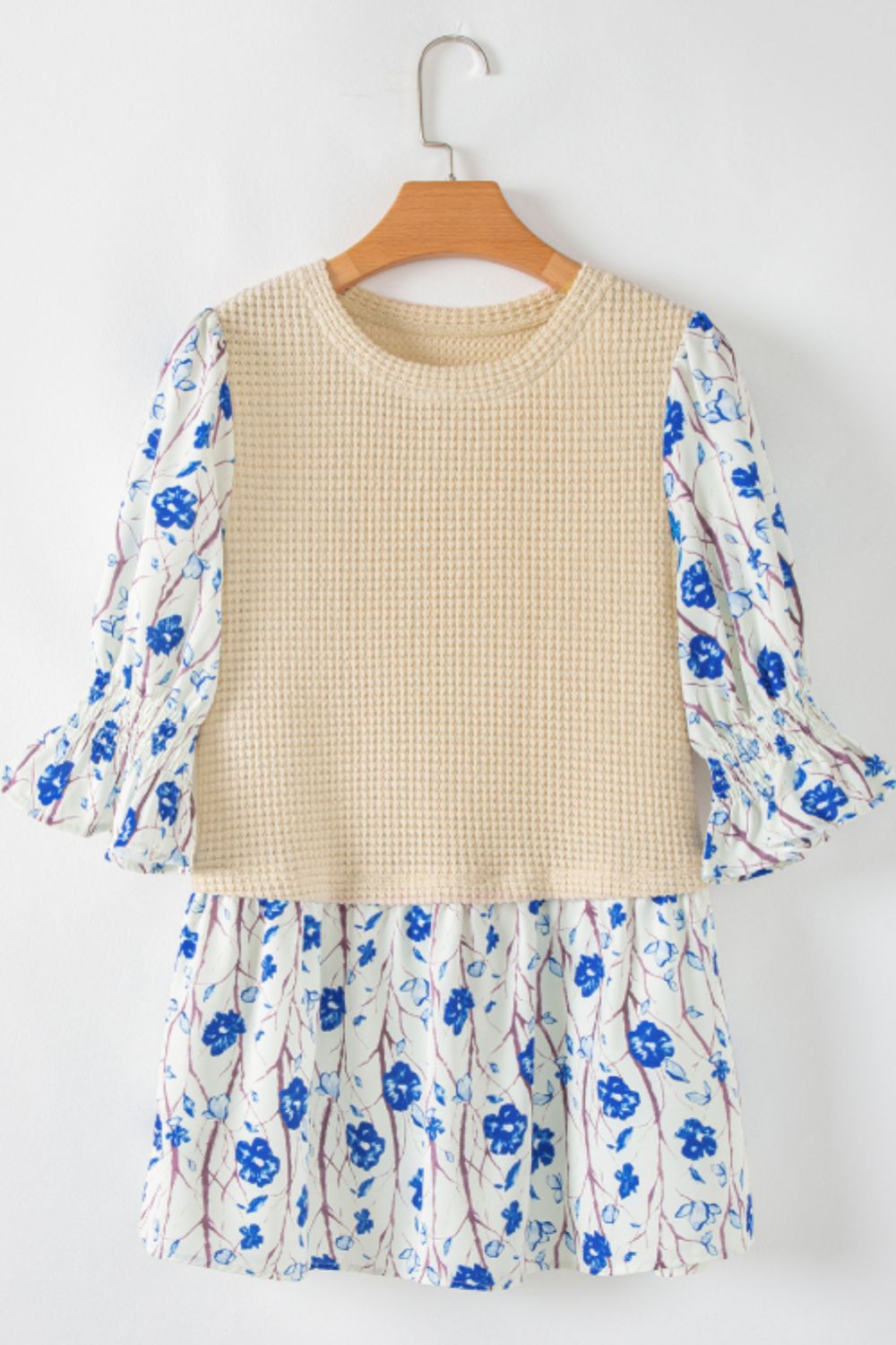 Waffle-Knit Printed Round Neck Flounce Sleeve Blouse - Charming Charlie
