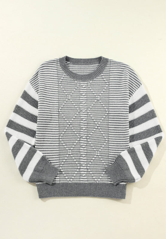 Striped Round Neck Dropped Shoulder Sweater - Charming Charlie