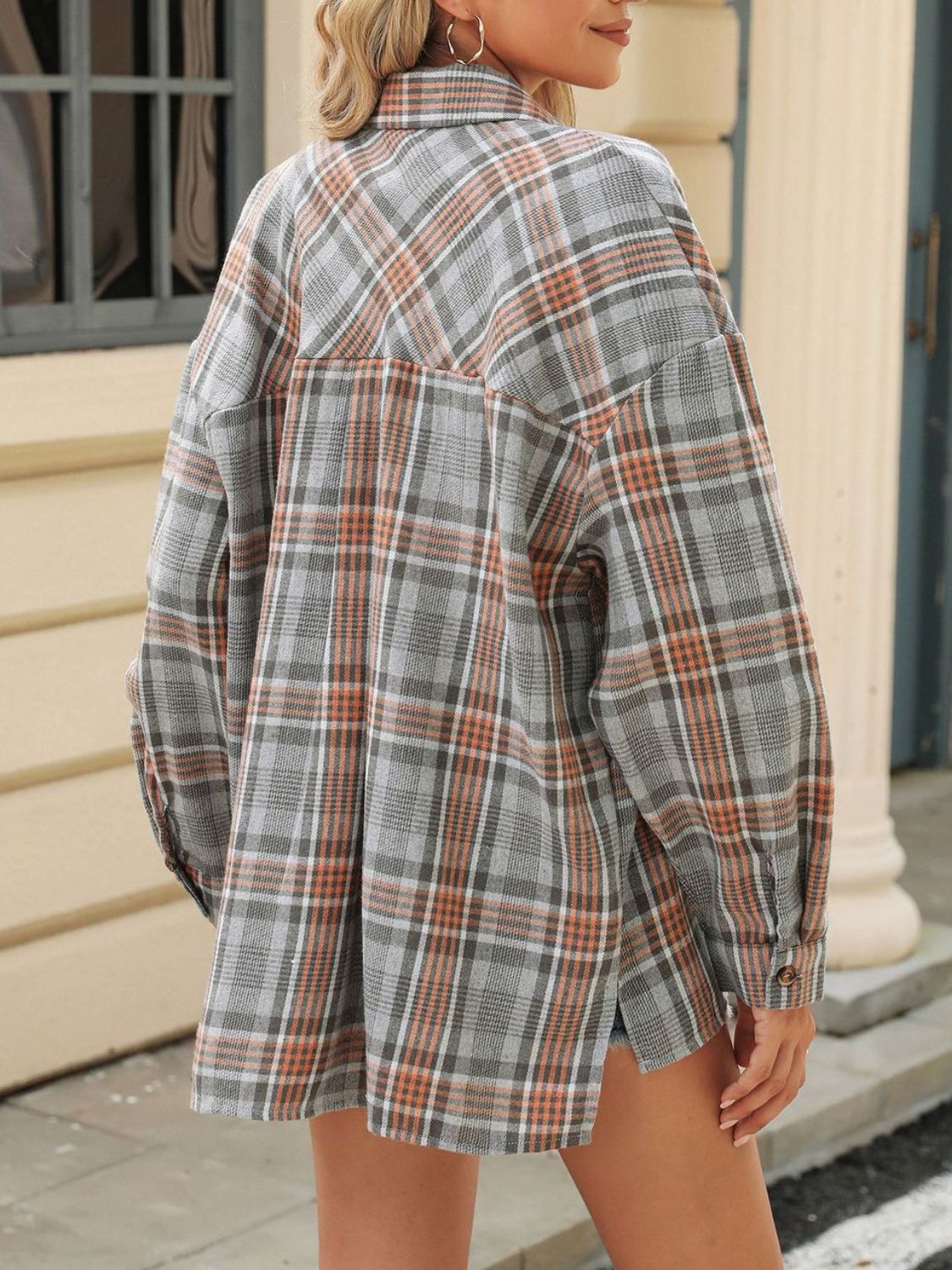 Pocketed Plaid Collared Neck Long Sleeve Shirt - Charming Charlie