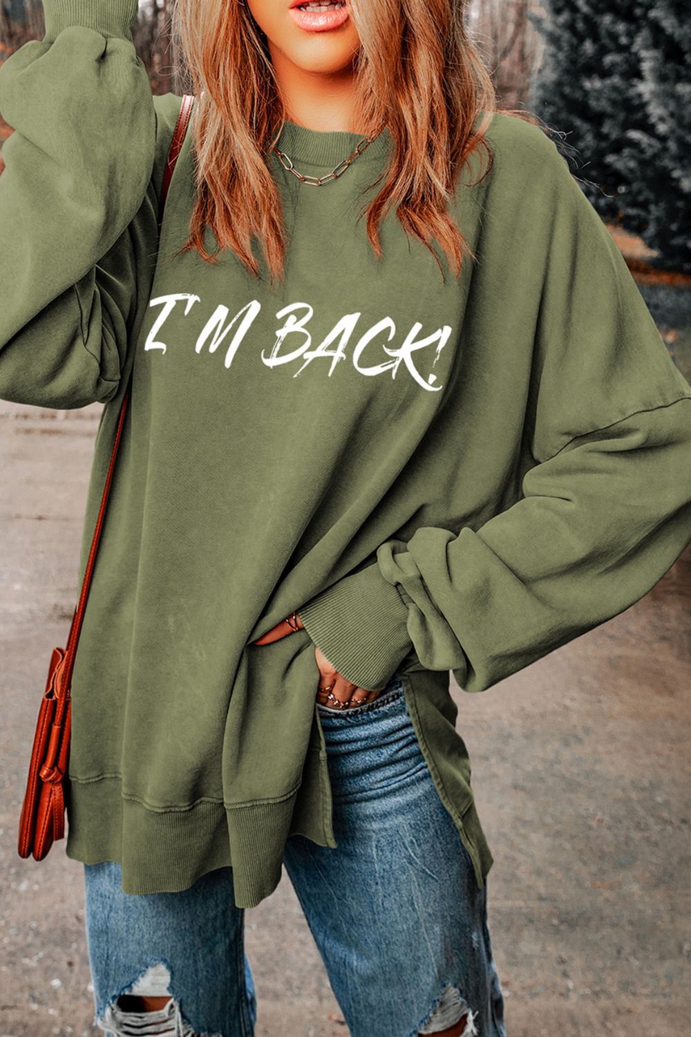 I'M BACK Round Neck Dropped Shoulder Sweatshirt - Charming Charlie