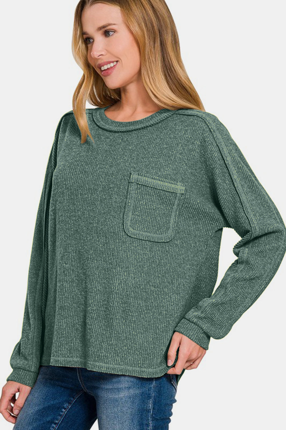 Zenana Full Size Contrast Stitching Brushed Ribbed Hacci Knit Top - Charming Charlie