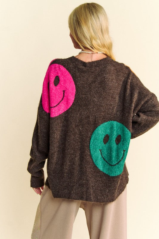 Davi & Dani Contrast Smile Round Neck Oversize Sweater - Charming Charlie