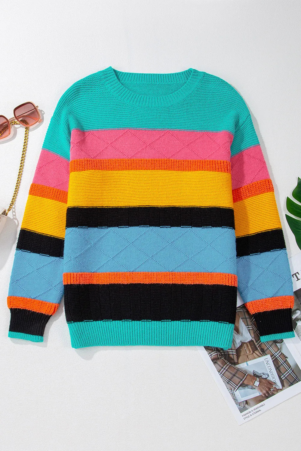 Contrast Round Neck Dropped Shoulder Sweater - Charming Charlie