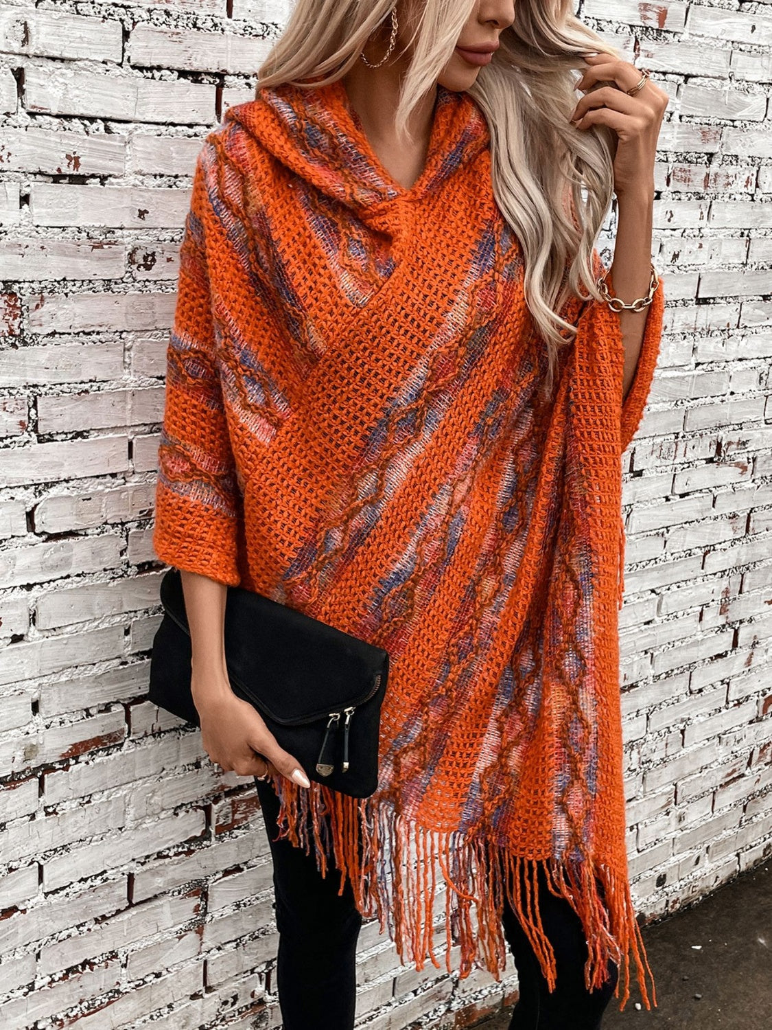 Fringe Contrast Hooded Poncho - Charming Charlie