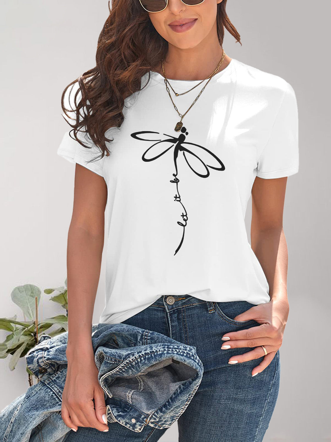 Dragonfly Graphic Round Neck Short Sleeve T-Shirt - Charming Charlie