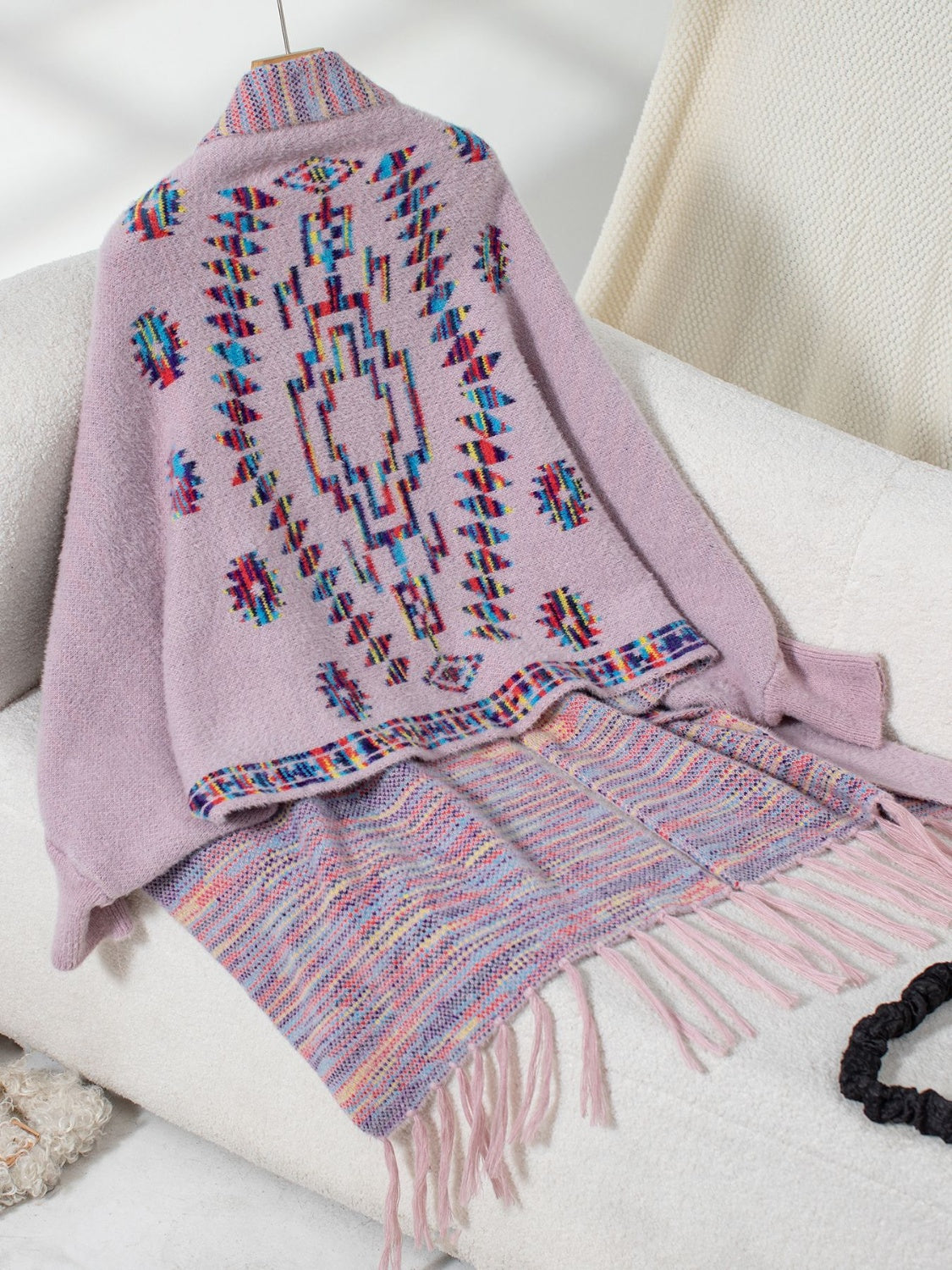 Fringe Geometric Open Front Long Sleeve Cape - Charming Charlie