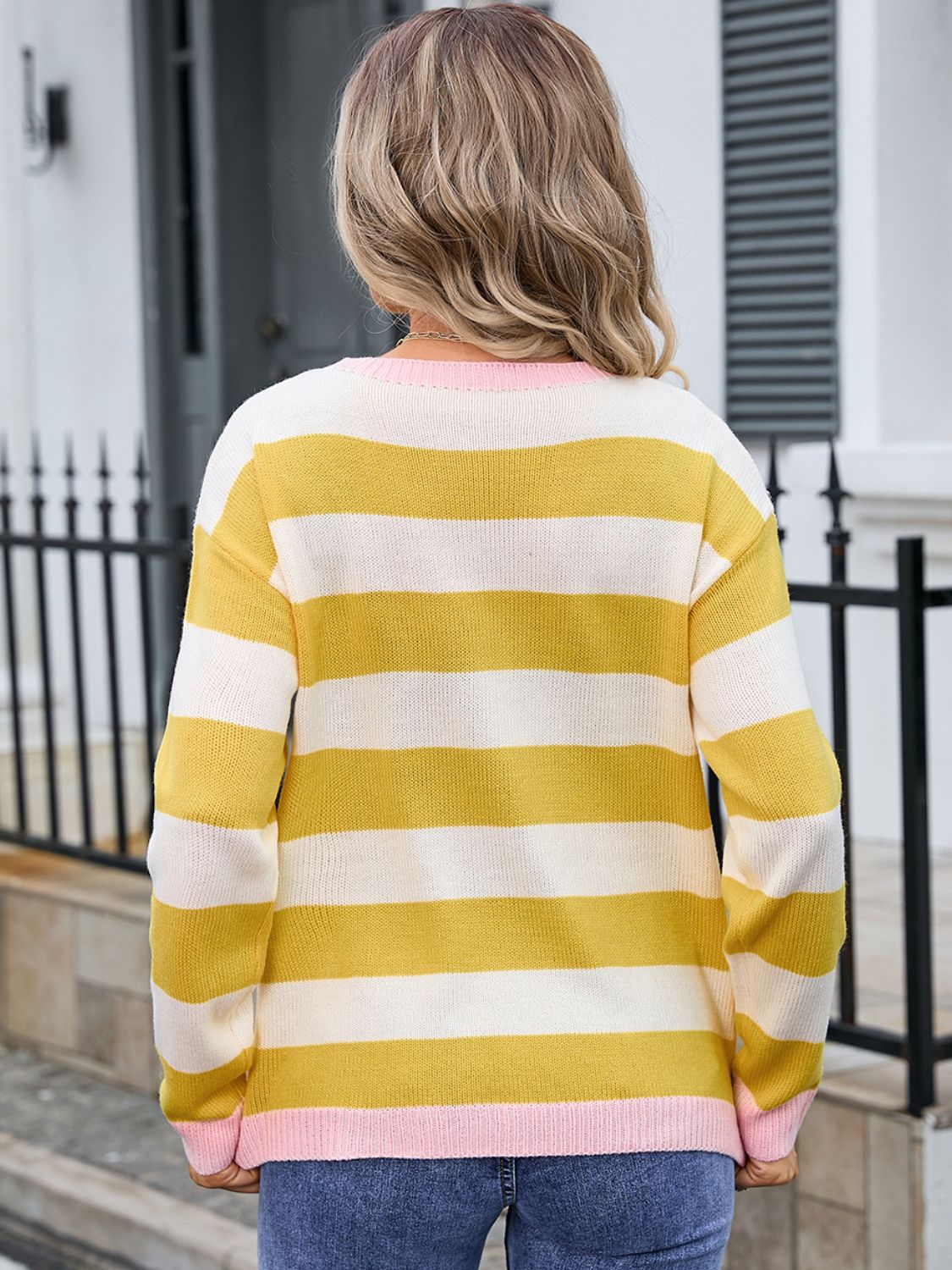 Striped Round Neck Dropped Shoulder Sweater - Charming Charlie