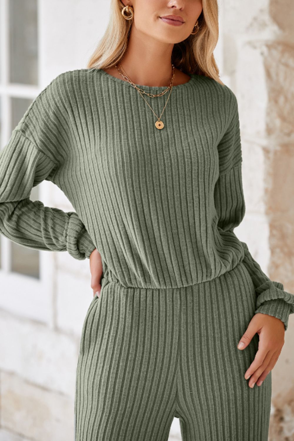 Round Neck Long Sleeve Jumpsuit - Charming Charlie
