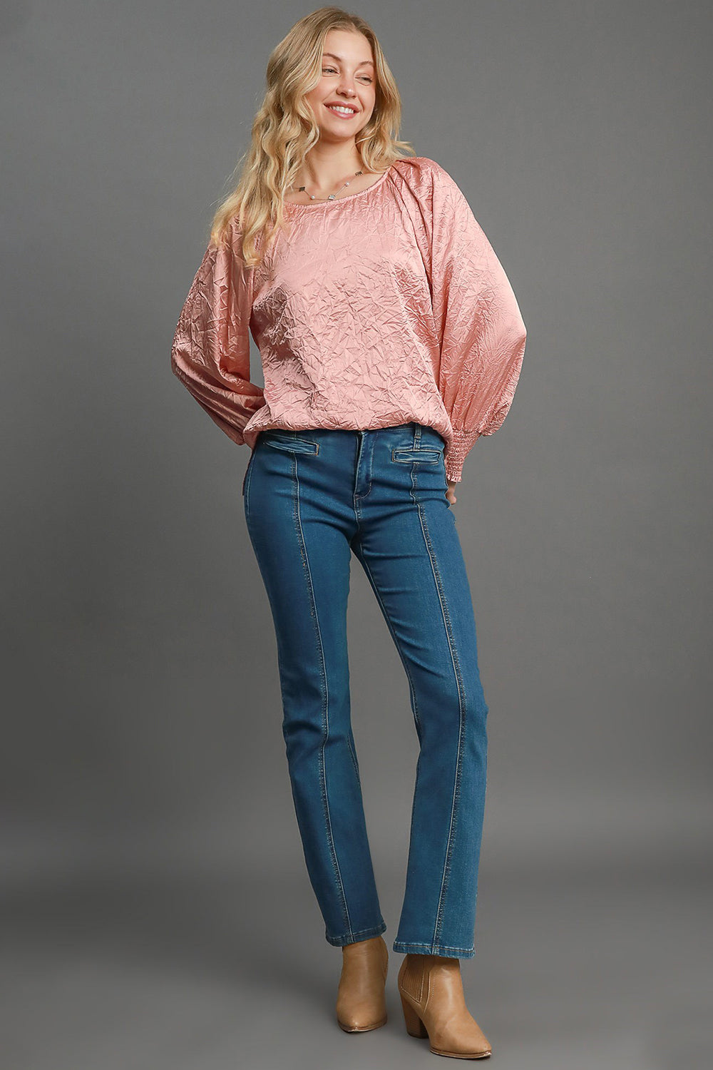 Umgee Wrinkled Round Neck Lantern Sleeve Blouse - Charming Charlie