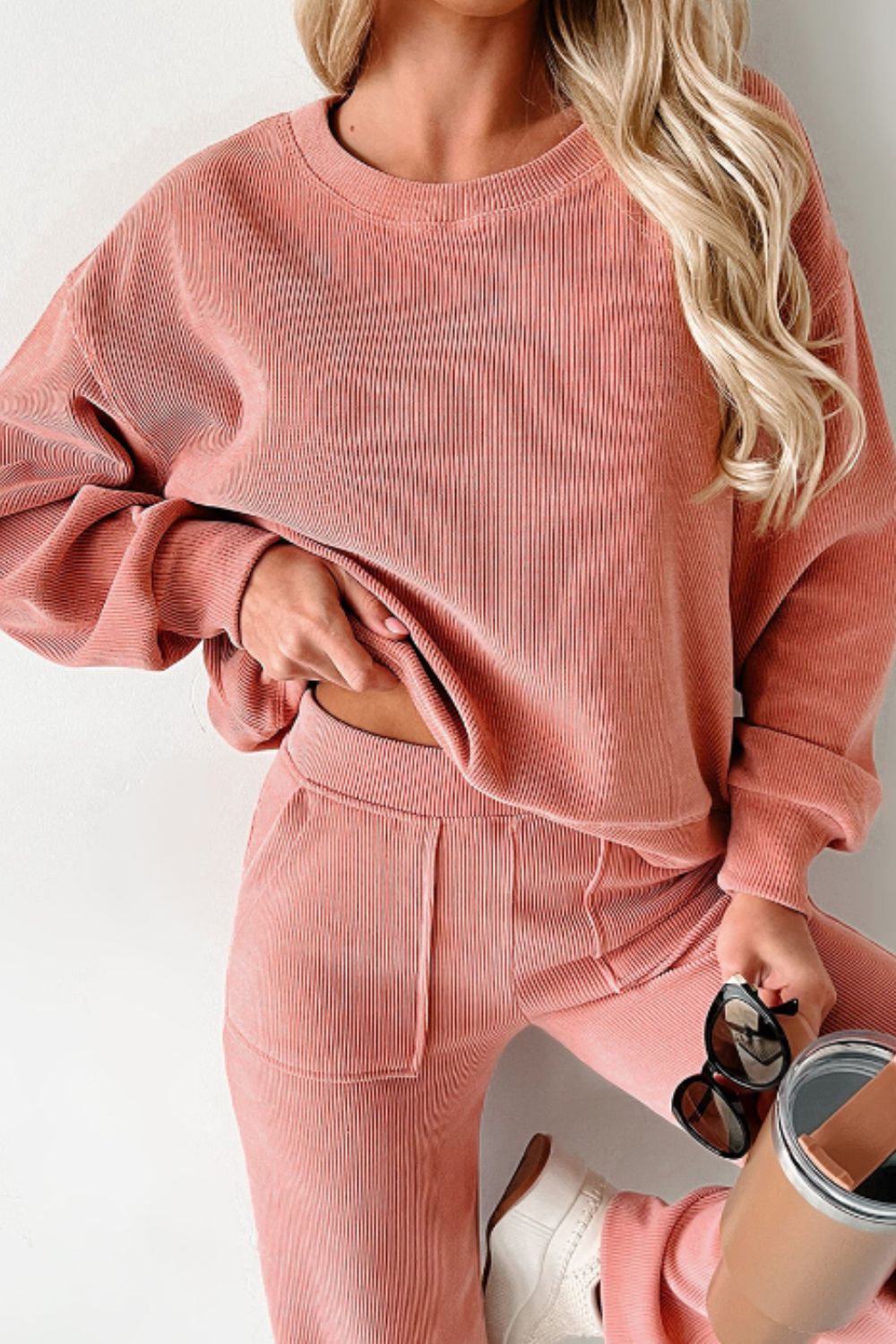 Round Neck Long Sleeve Top and Pants Set - Charming Charlie