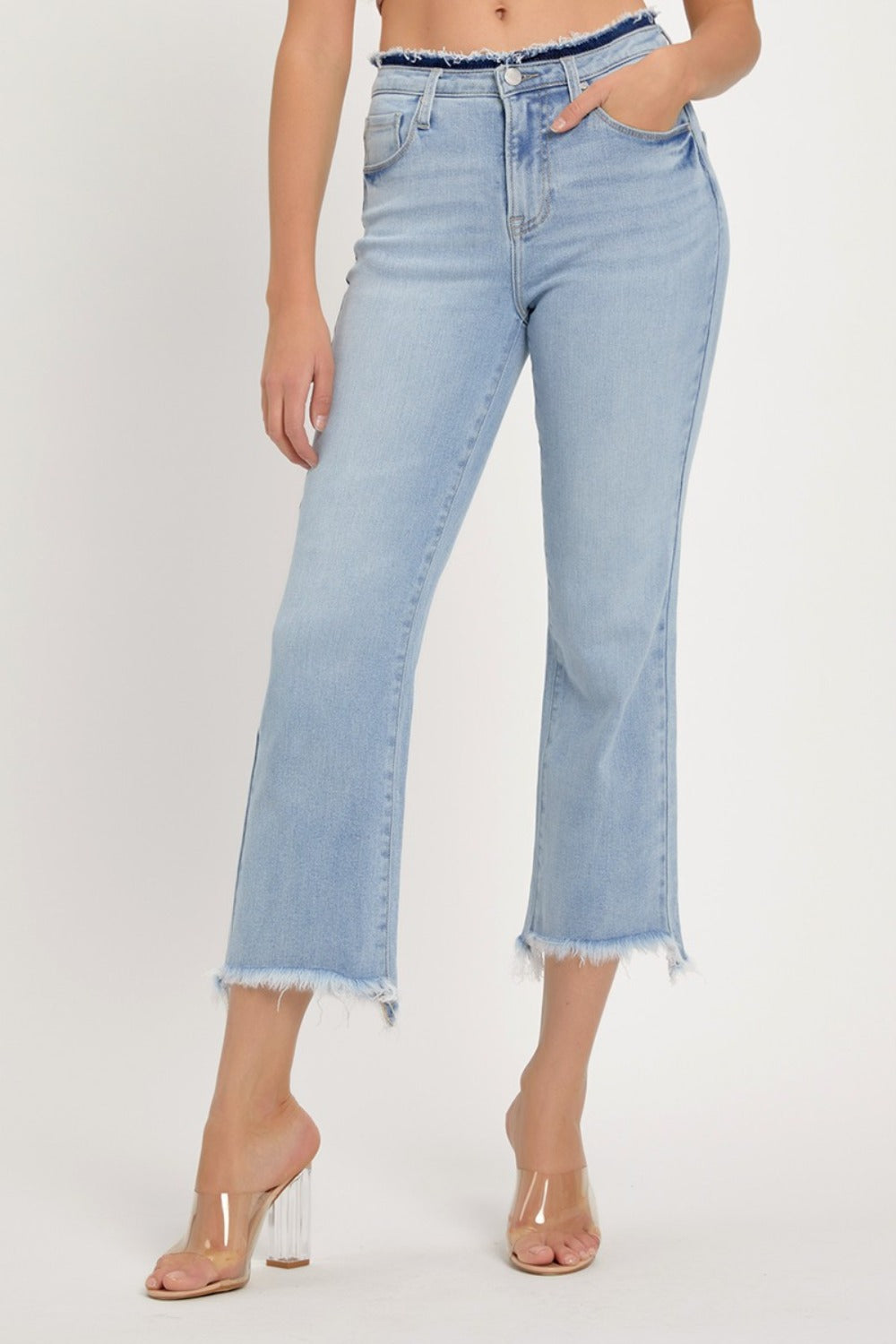 RISEN Full Size High Rise Raw Edge Crop Jeans - Charming Charlie