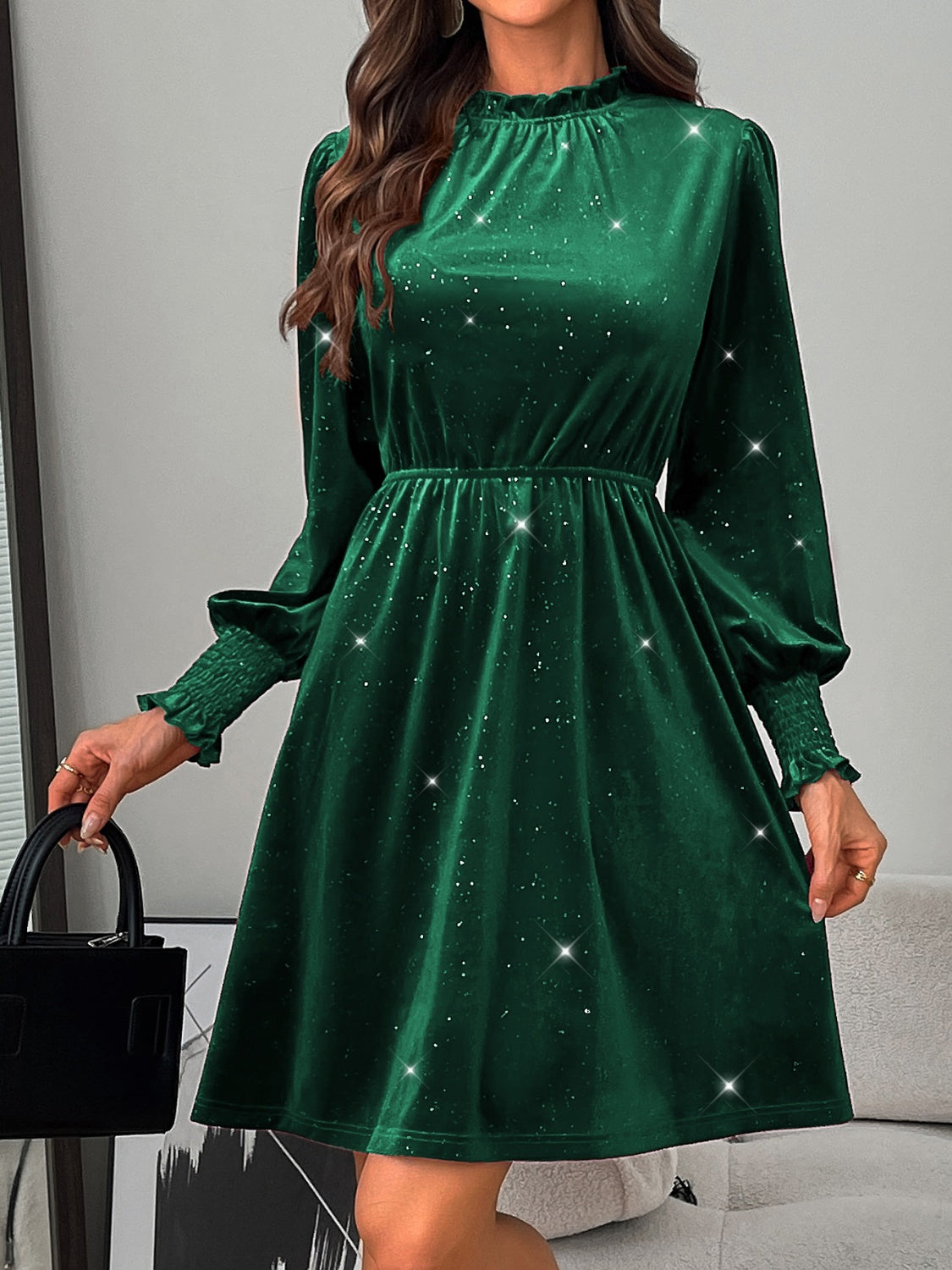 Glitter Mock Neck Long Sleeve Mini Dress - Charming Charlie