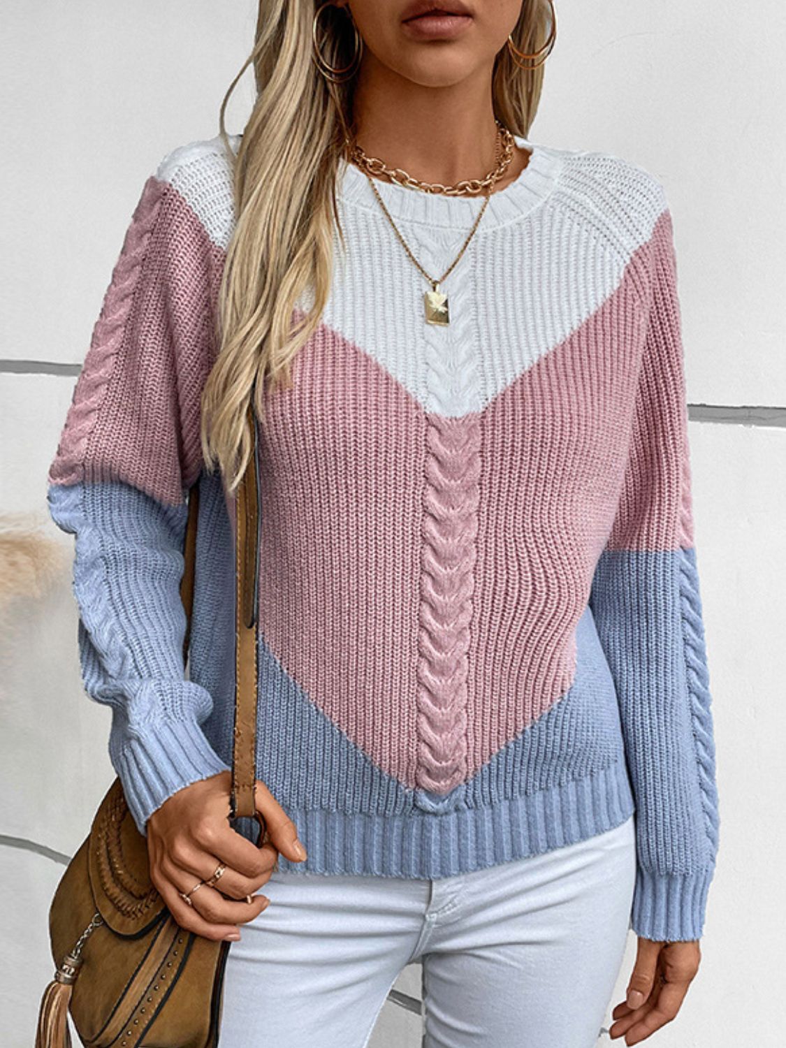 Color Block Round Neck Long Sleeve Sweater - Charming Charlie