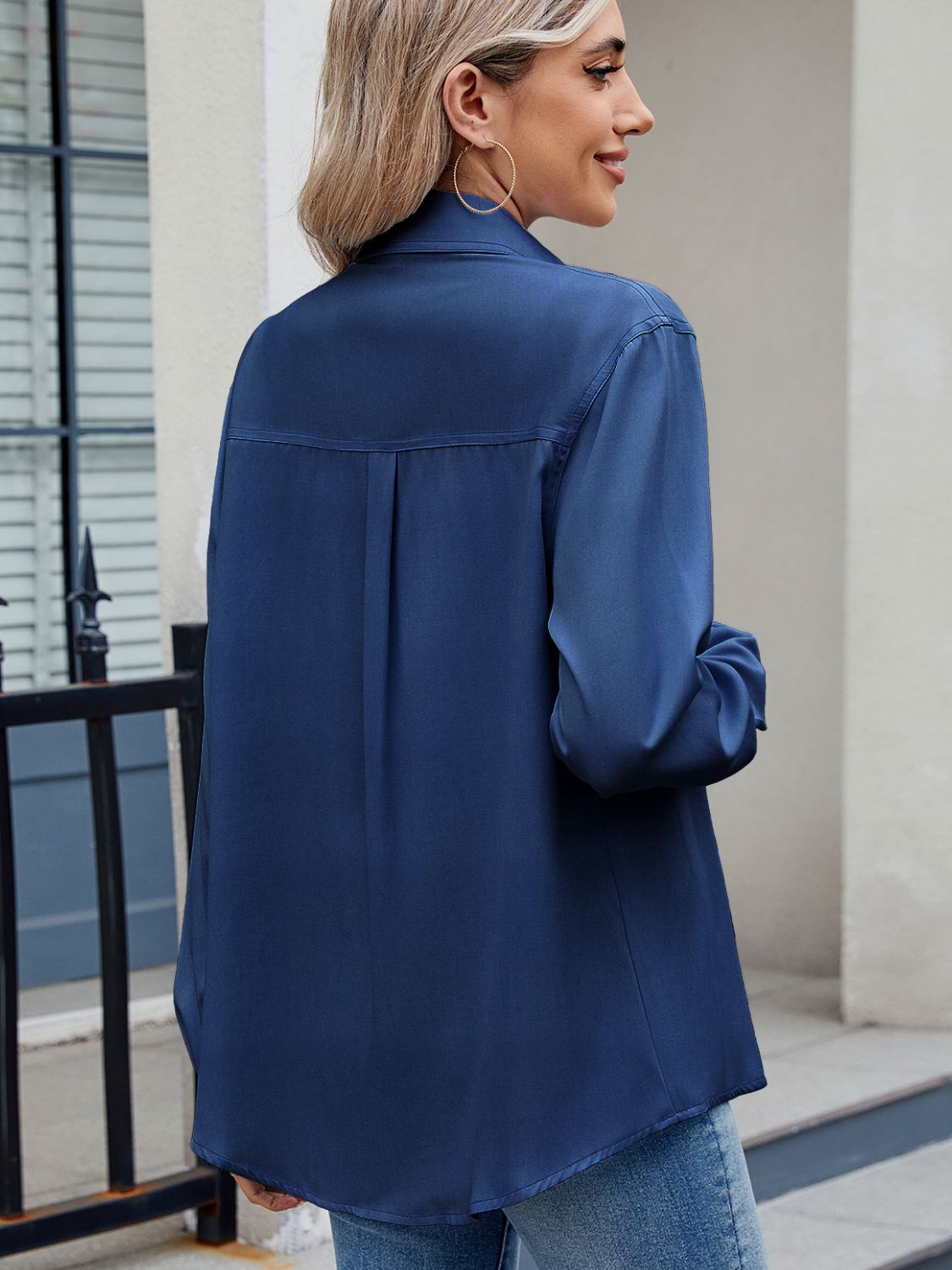 Solid Color Collared Neck Long Sleeve Shirt - Charming Charlie