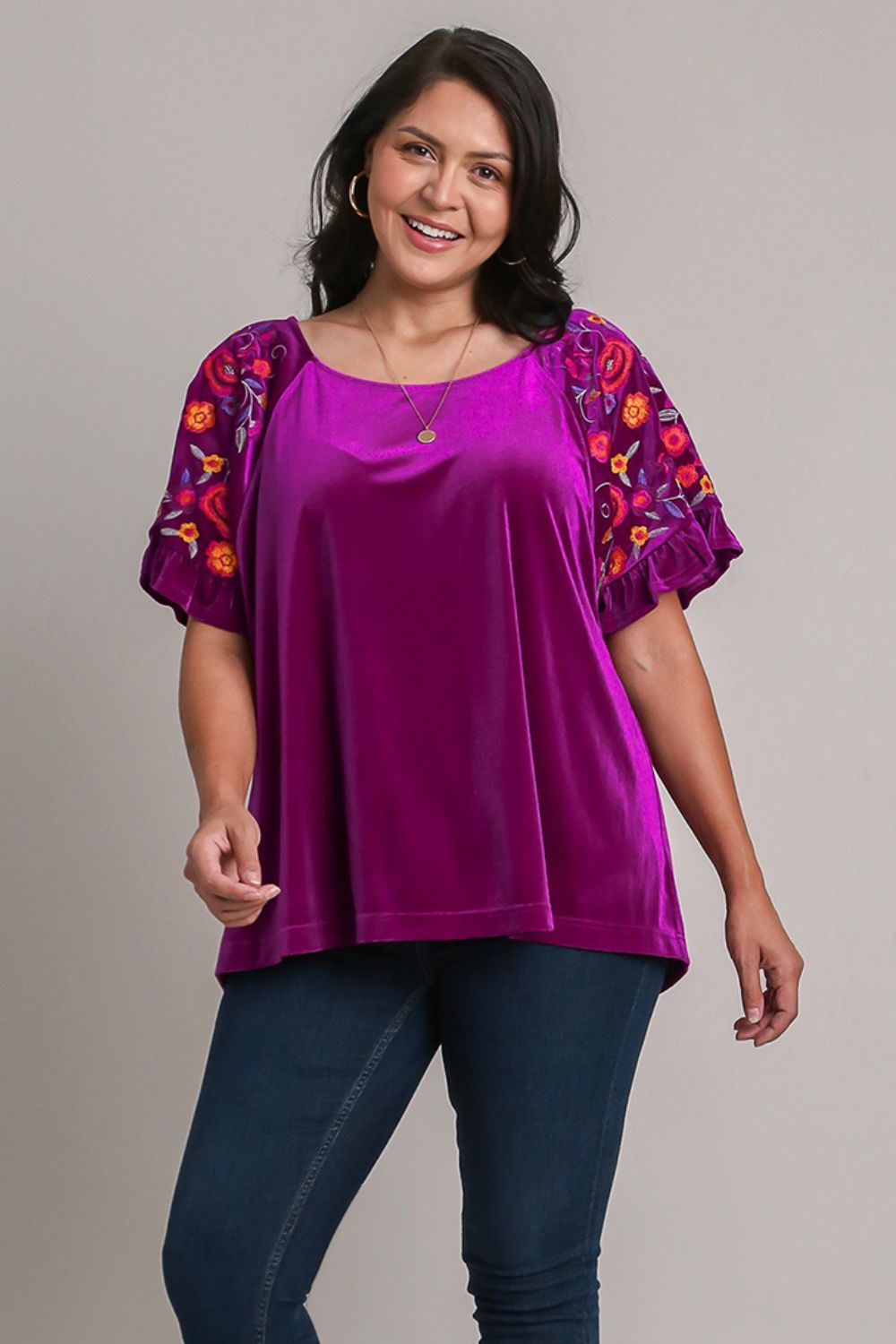 Umgee Full Size Velvet Embroidery Short Sleeve Blouse - Charming Charlie