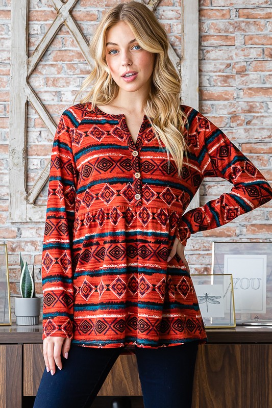 Heimish Full Size Geometric Button Detail Long Sleeve Babydoll Top - Charming Charlie