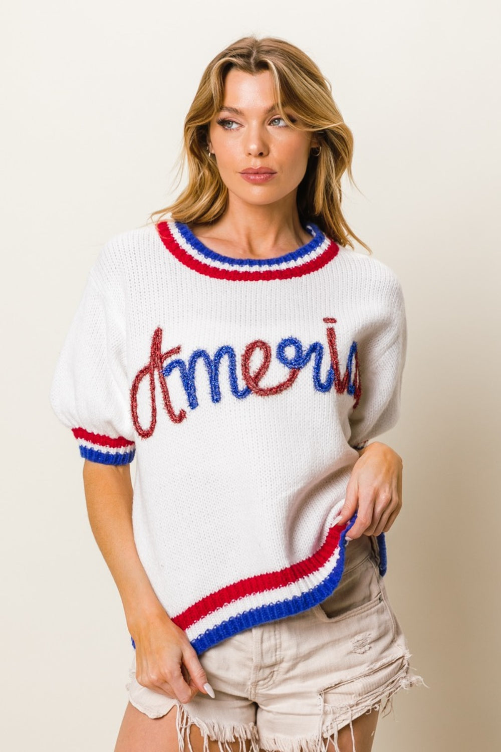 BiBi Metallic America Letter Short Sleeve Sweater - Charming Charlie
