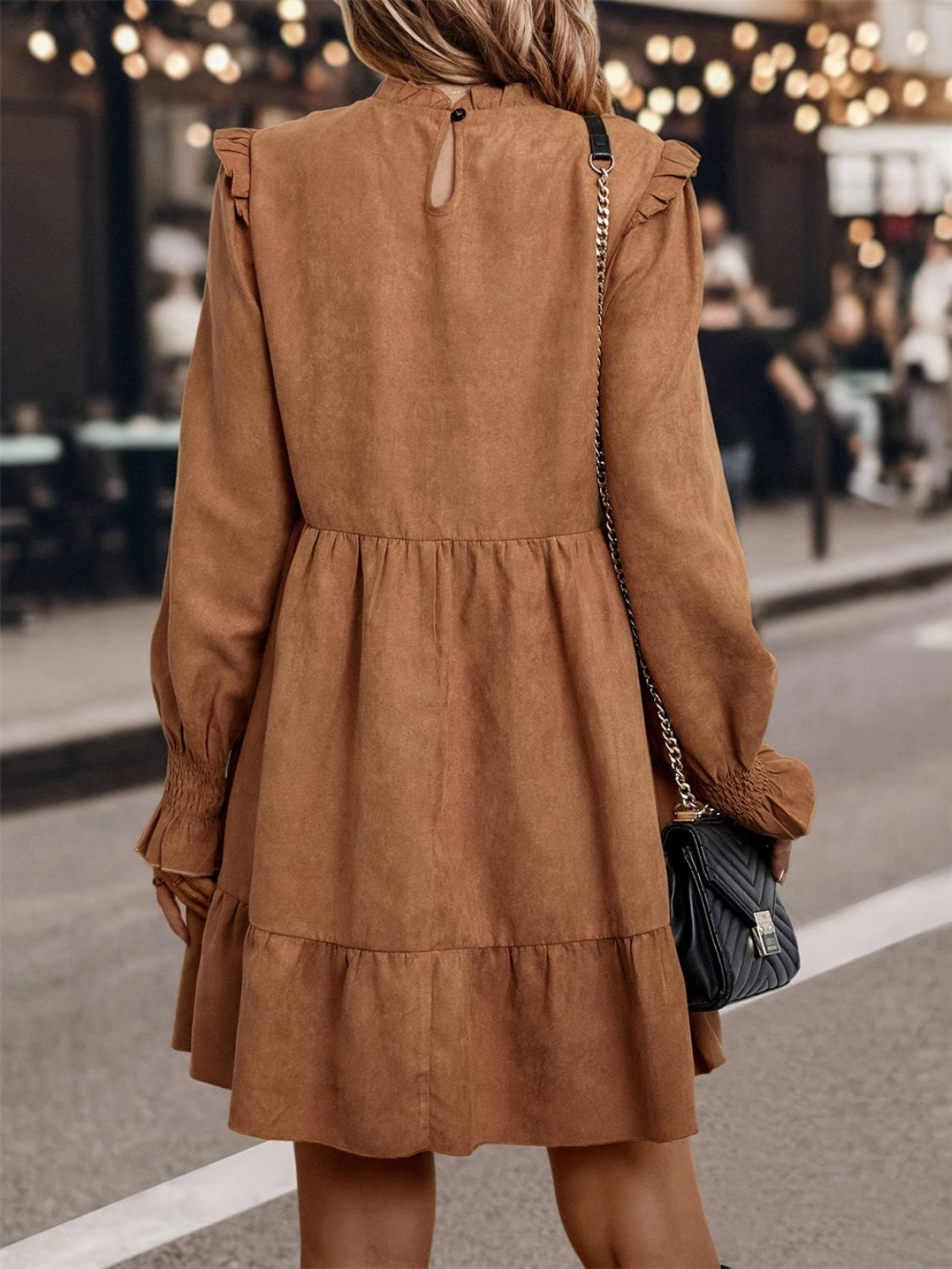 Frill Round Neck Long Sleeve Mini Dress - Charming Charlie