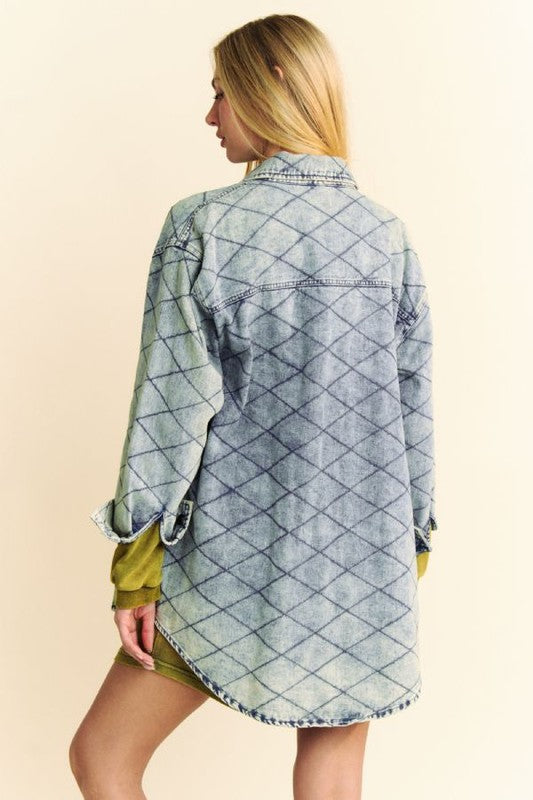 Davi & Dani Curved Hem Diamond Quilted Button Up Denim Shacket - Charming Charlie