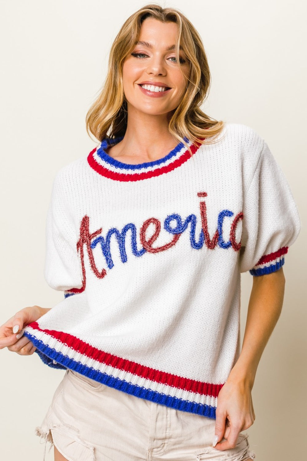 BiBi Metallic America Letter Short Sleeve Sweater - Charming Charlie