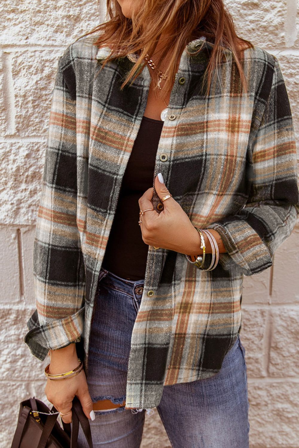Plaid Collared Neck Button Up Long Sleeve Shirt - Charming Charlie