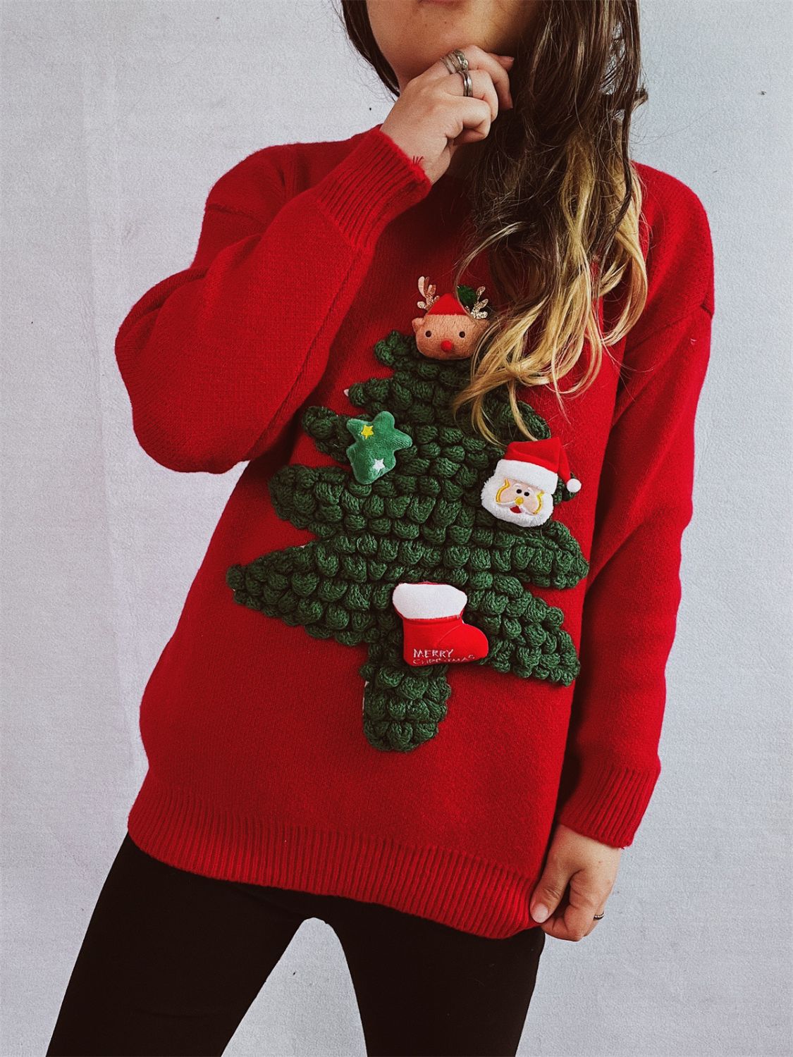 Christmas Tree Round Neck Long Sleeve Sweater - Charming Charlie