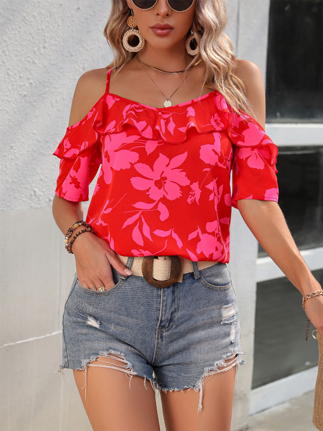 Ruffled Printed Short Sleeve Blouse - Charming Charlie