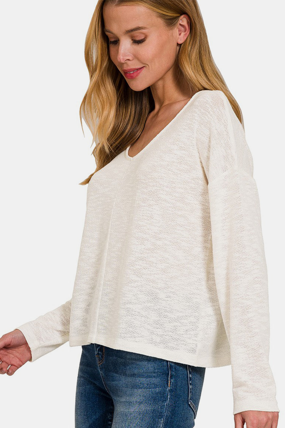 Zenana V-Neck Dropped Shoulder Long Sleeve T-Shirt - Charming Charlie
