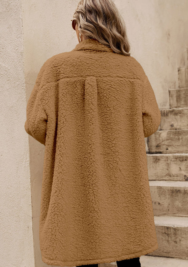 Collared Neck Long Sleeve Longline Teddy Jacket - Charming Charlie