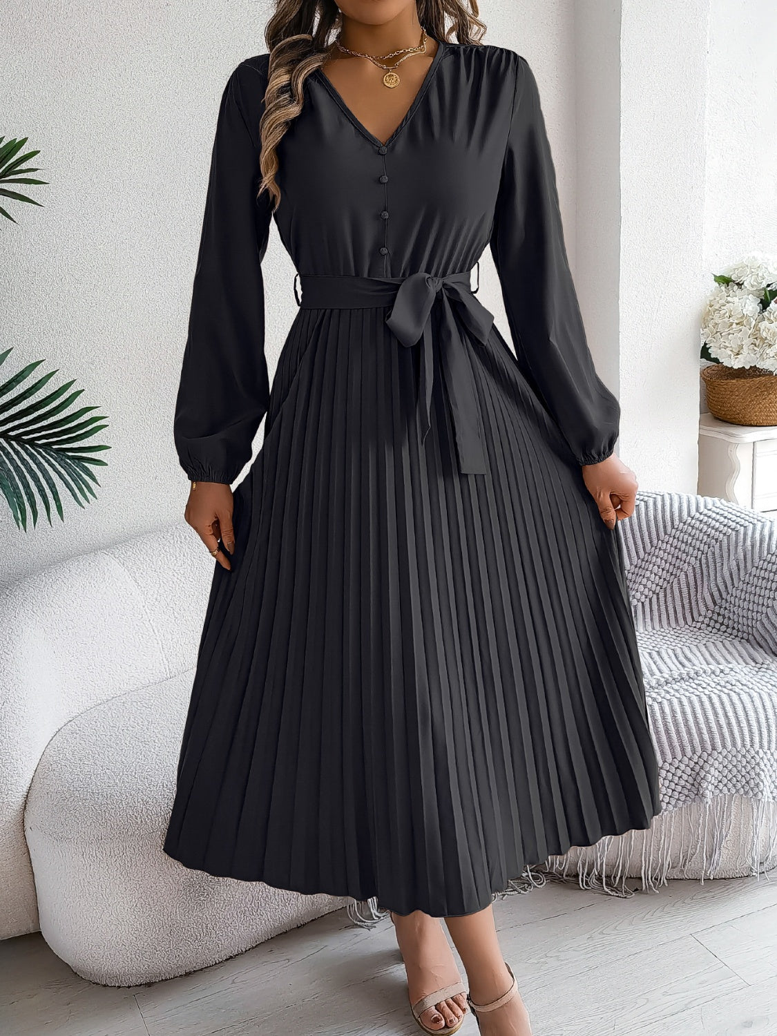 Pleated Tied V-Neck Long Sleeve Dress - Charming Charlie