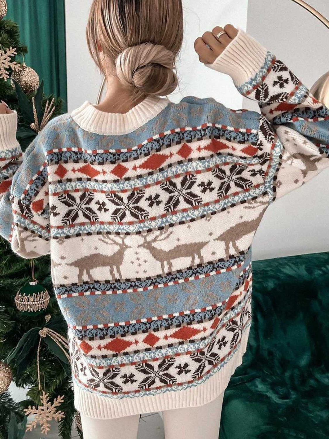 Geometric Round Neck Dropped Shoulder Sweater - Charming Charlie
