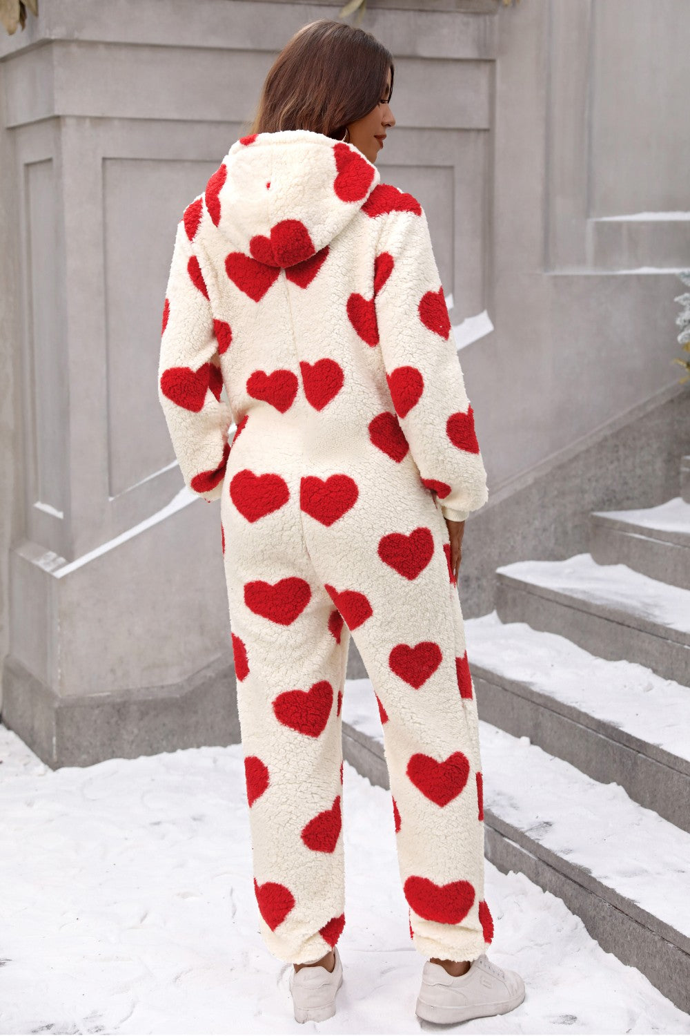 Fuzzy Heart Zip Up Hooded Lounge Jumpsuit - Charming Charlie