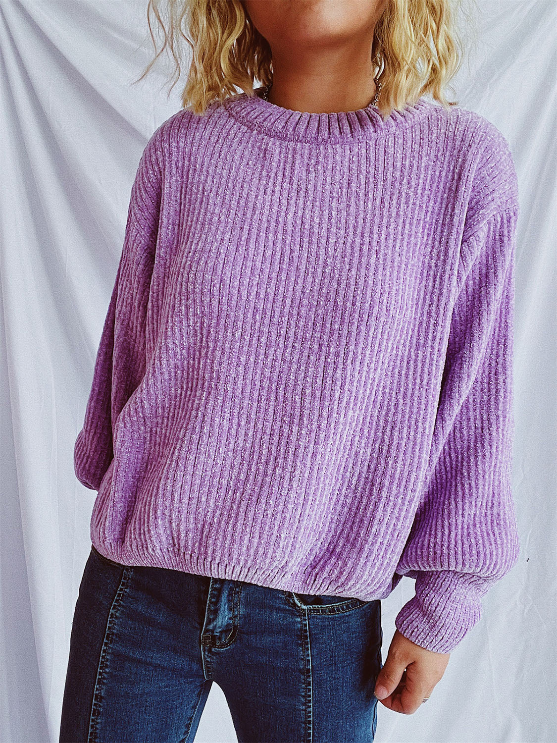 Round Neck Dropped Shoulder Long Sleeve Sweater - Charming Charlie