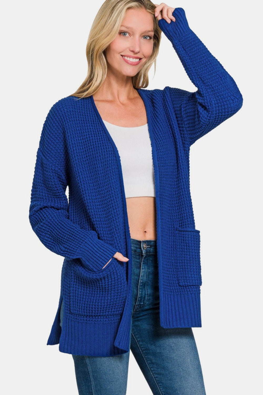 Zenana Waffle Open Front Sweater Cardigan - Charming Charlie