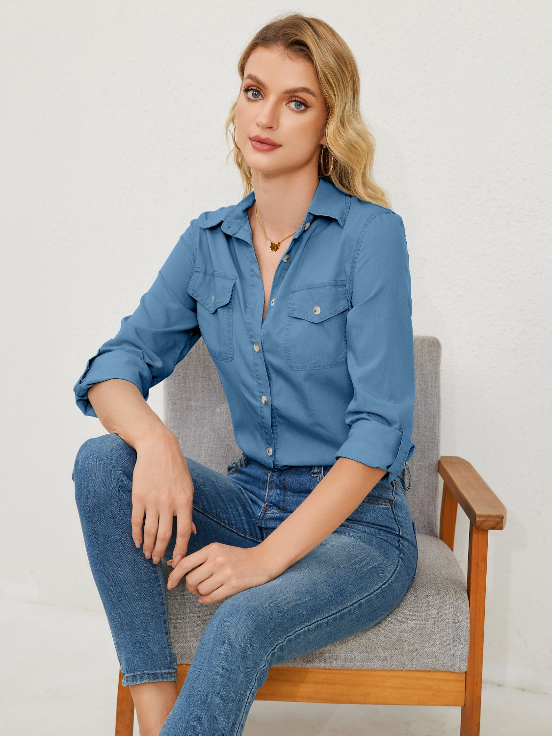 Pocketed Button Up Long Sleeve Denim Shirt - Charming Charlie