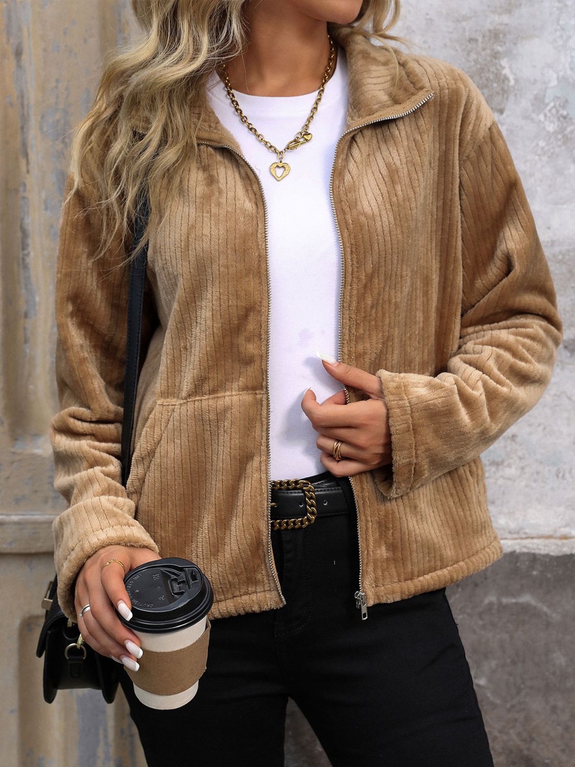 Perfee Pocketed Zip Up Collared Neck Long Sleeve Jacket - Charming Charlie