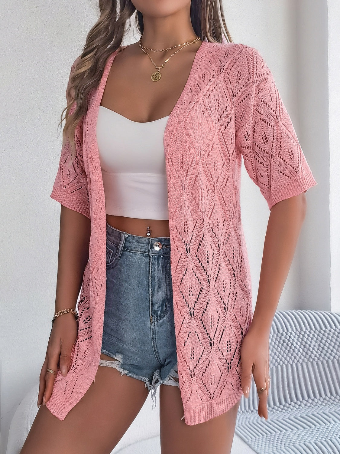 Openwork Open Front Half Sleeve Cardigan - Charming Charlie