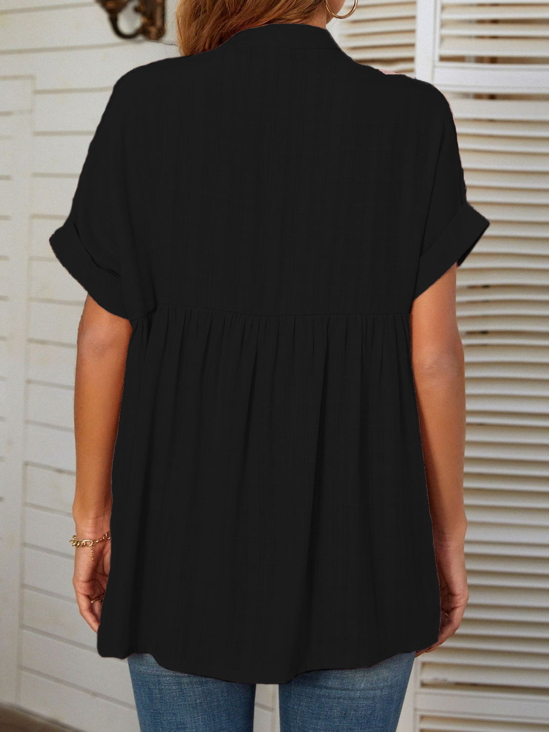 Mandy Side Slit Notched Short Sleeve Blouse - Charming Charlie