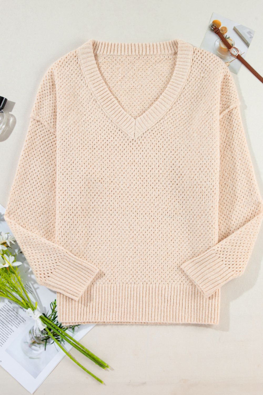 V-Neck Dropped Shoulder Long Sleeve Sweater - Charming Charlie