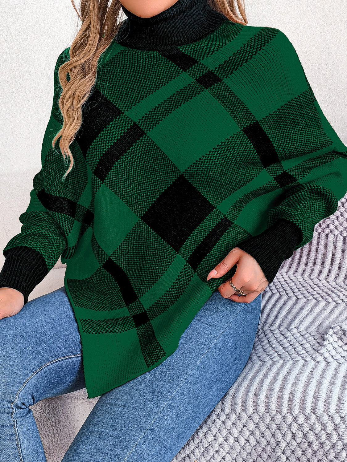 Plaid Turtleneck Batwing Sleeve Sweater - Charming Charlie